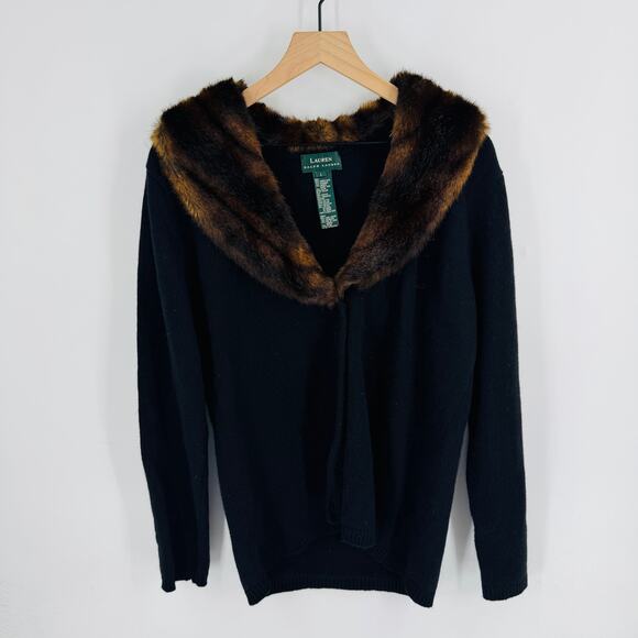 Lauren Ralph Lauren Black Merino Cashmere Angora Cardigan Faux Fur Collar Size L - Picture 9 of 9